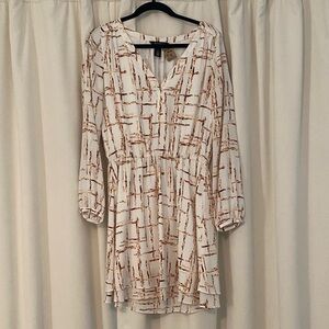 White House Black Market White and Brown Long Sleeve Dress SZ 4